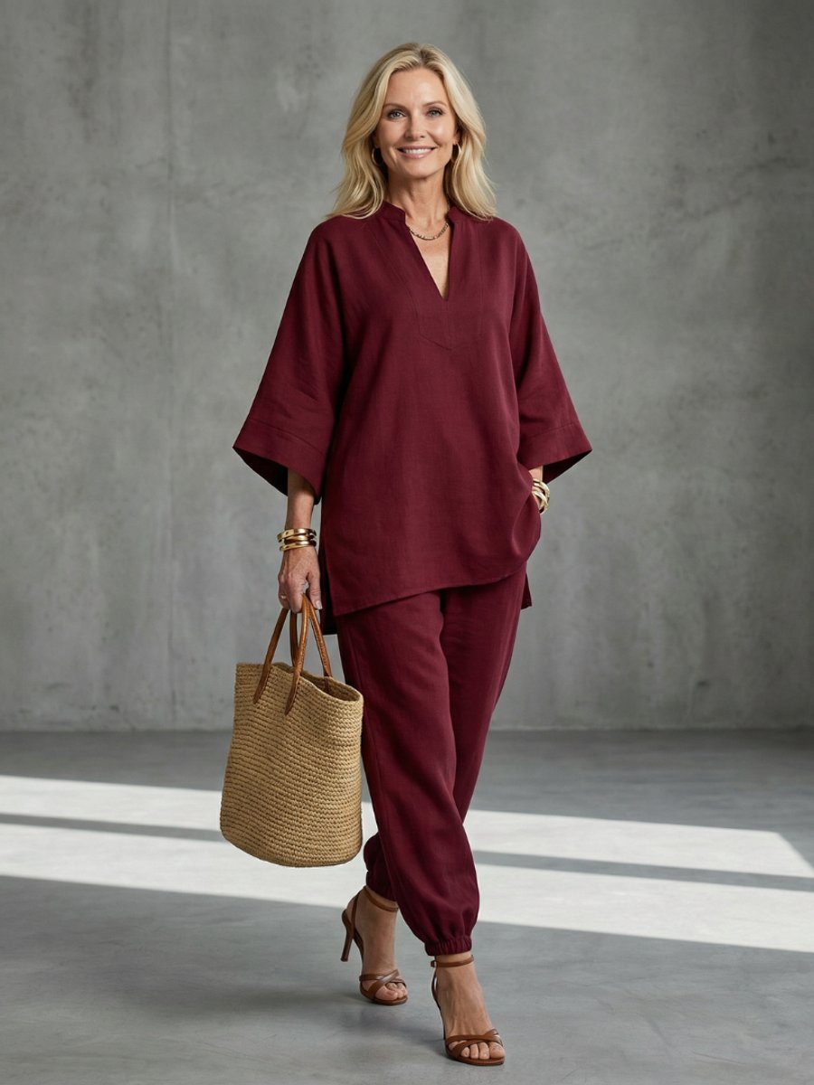 Women's Relaxed Everyday Day Dresses V-Neck Tunic Gathered Trouser Set