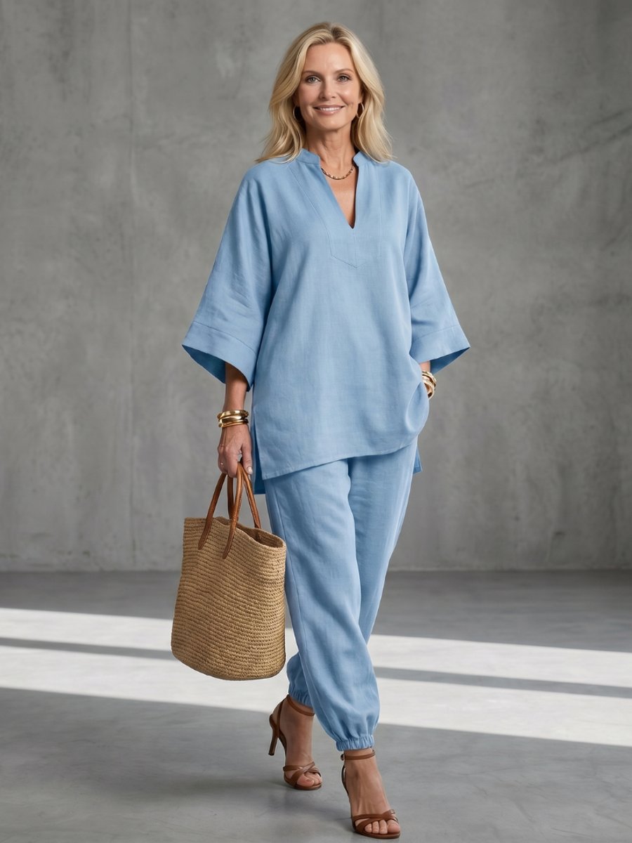 Women's Relaxed Everyday Day Dresses V-Neck Tunic Gathered Trouser Set