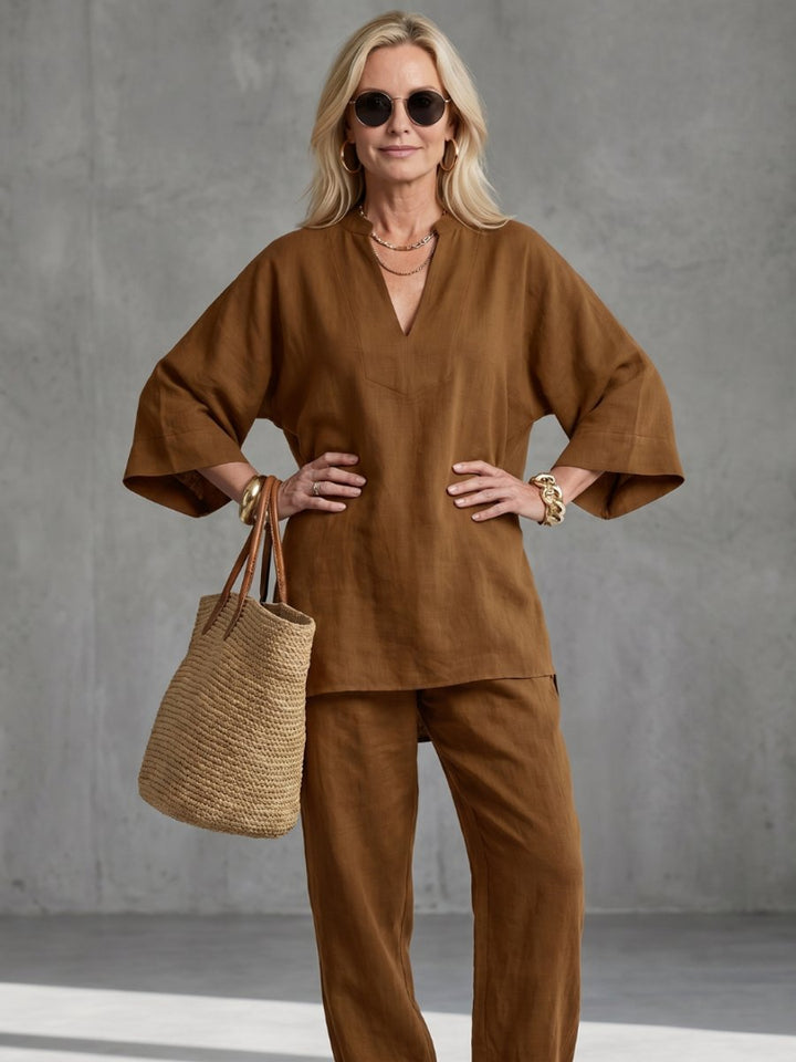 Women's Relaxed Everyday Day Dresses V-Neck Tunic Gathered Trouser Set