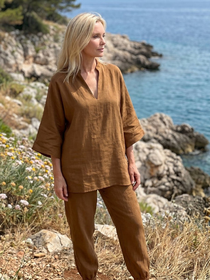 Women's Relaxed Everyday Day Dresses V-Neck Tunic Gathered Trouser Set