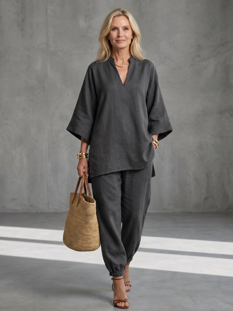 Women's Relaxed Everyday Day Dresses V-Neck Tunic Gathered Trouser Set