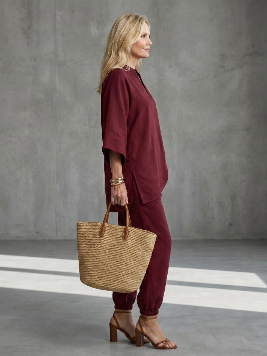 Women's Relaxed Everyday Day Dresses V-Neck Tunic Gathered Trouser Set