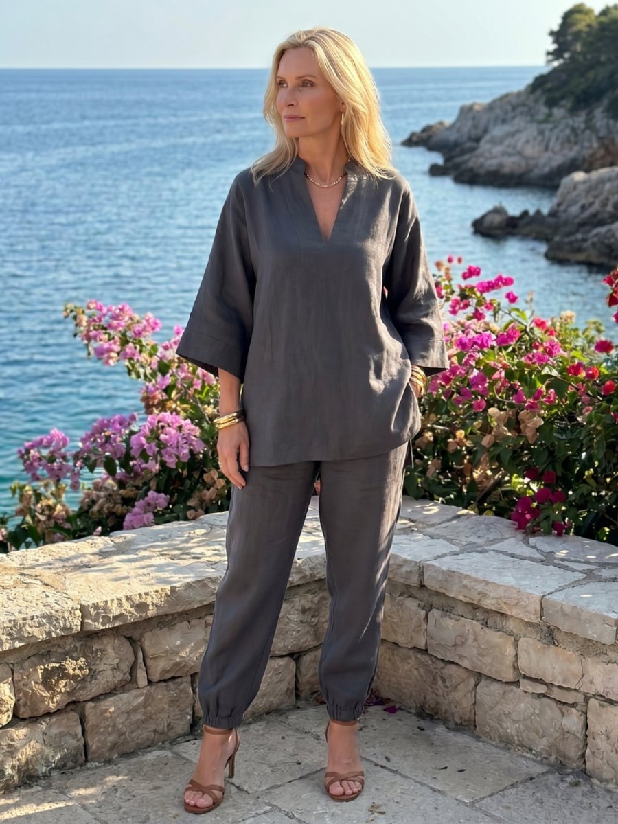 Women's Relaxed Everyday Day Dresses V-Neck Tunic Gathered Trouser Set