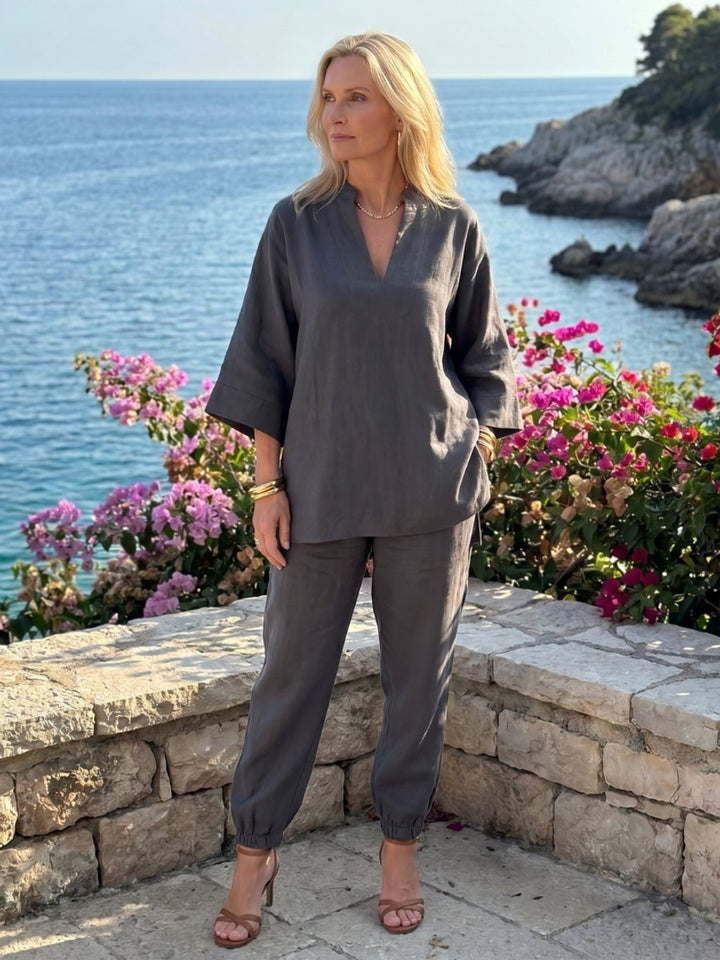 Women's Relaxed Everyday Day Dresses V-Neck Tunic Gathered Trouser Set