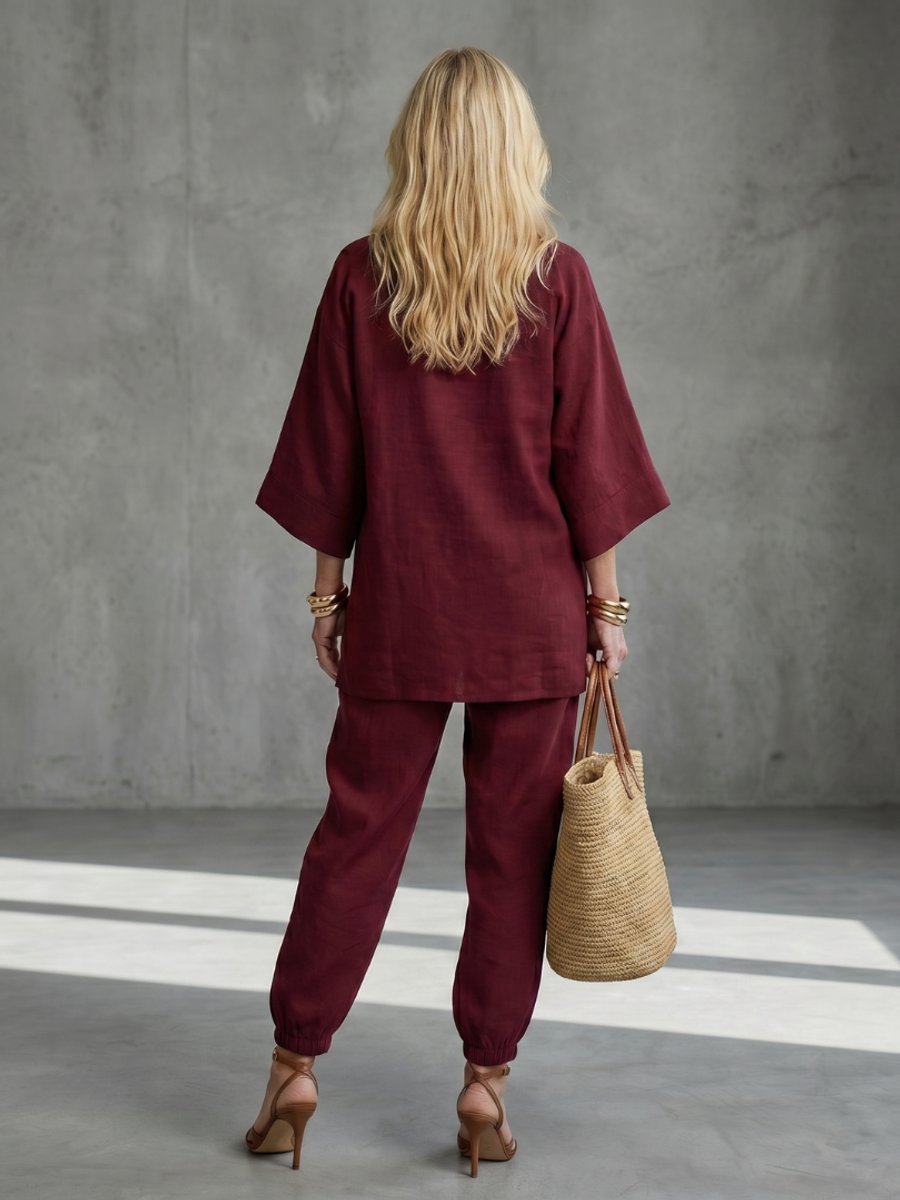 Women's Relaxed Everyday Day Dresses V-Neck Tunic Gathered Trouser Set
