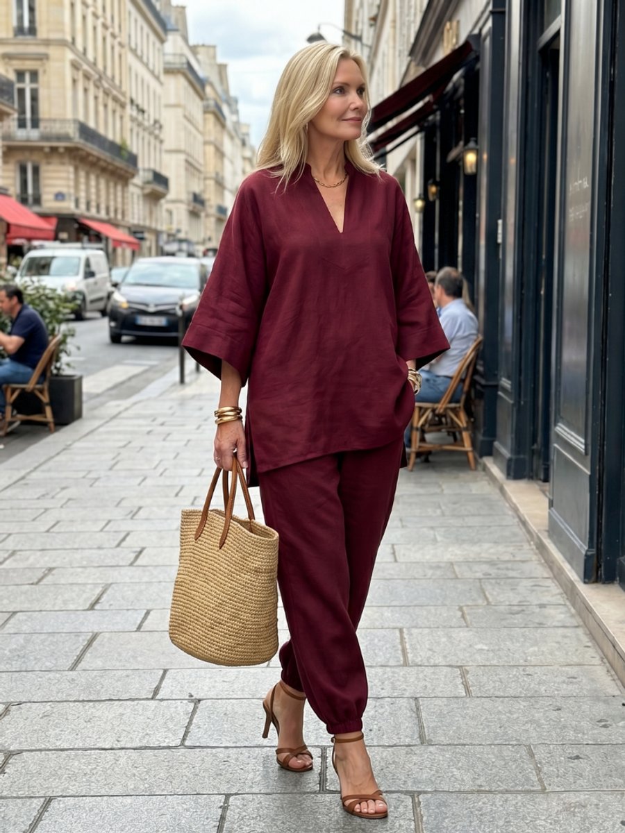 Women's Relaxed Everyday Day Dresses V-Neck Tunic Gathered Trouser Set