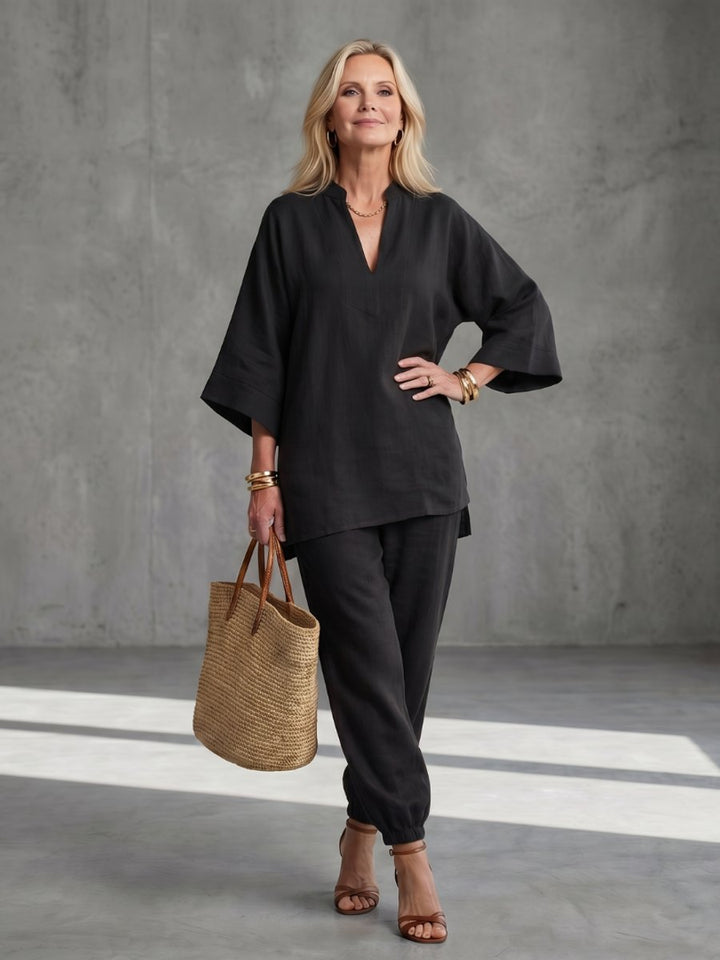 Women's Relaxed Everyday Day Dresses V-Neck Tunic Gathered Trouser Set