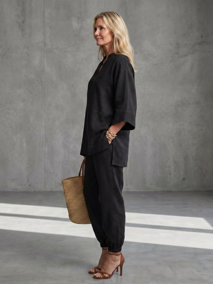 Women's Relaxed Everyday Day Dresses V-Neck Tunic Gathered Trouser Set