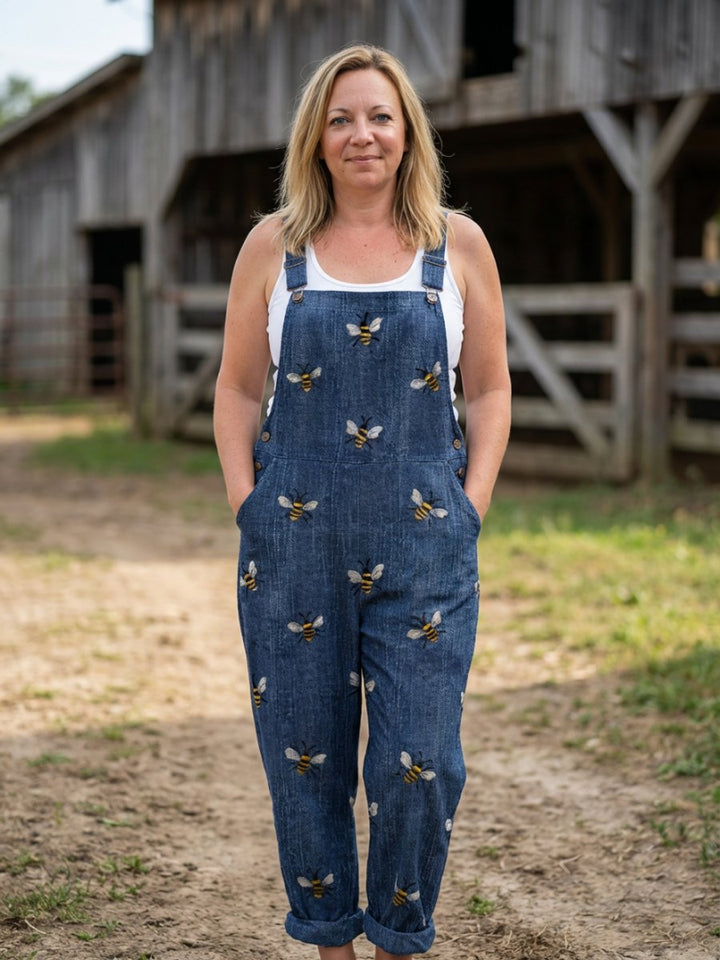Women's Relaxed Everyday Denim Dungaree Jumpsuit Bee Print