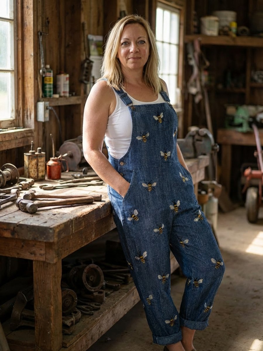 Women's Relaxed Everyday Denim Dungaree Jumpsuit Bee Print