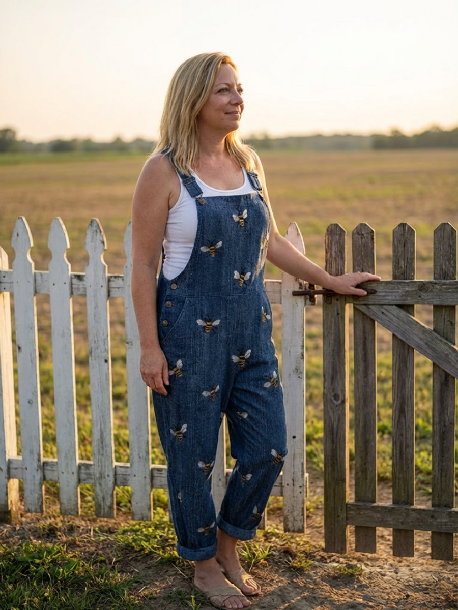 Women's Relaxed Everyday Denim Dungaree Jumpsuit Bee Print