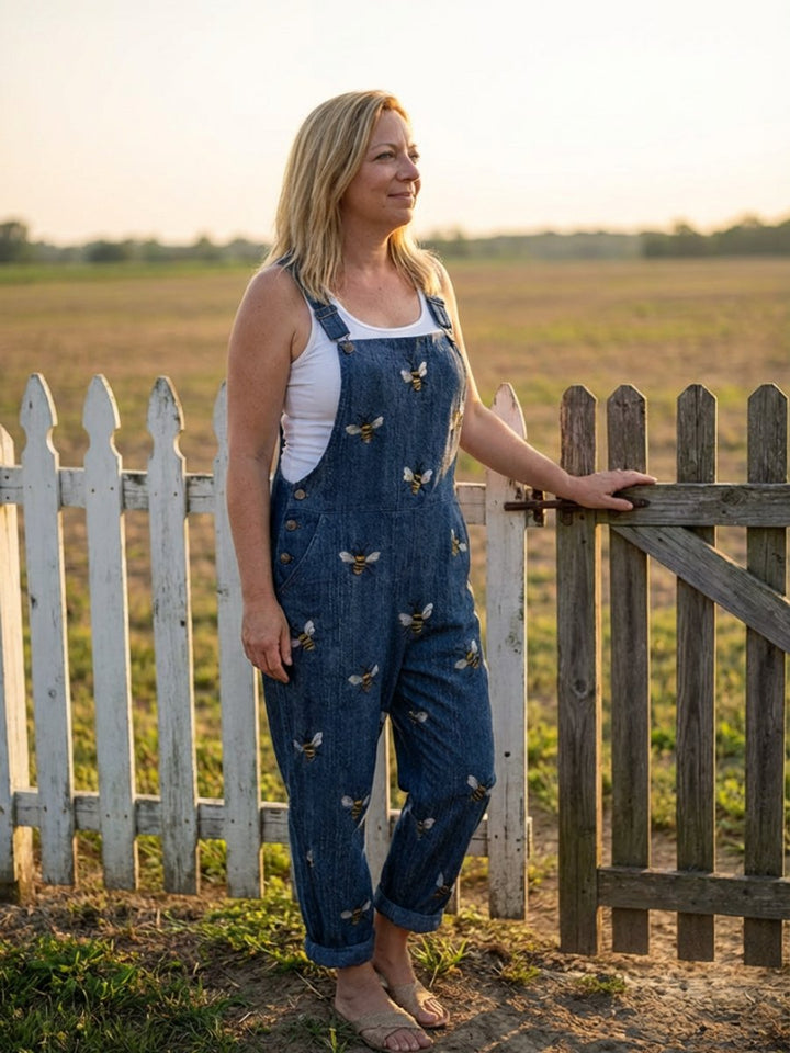 Women's Relaxed Everyday Denim Dungaree Jumpsuit Bee Print