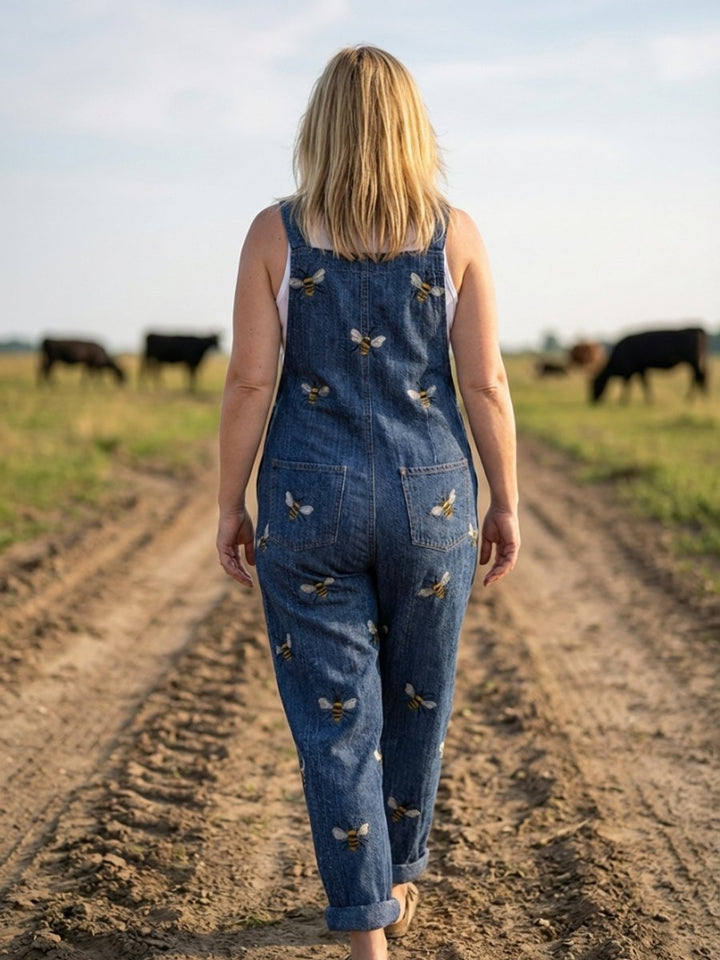 Women's Relaxed Everyday Denim Dungaree Jumpsuit Bee Print