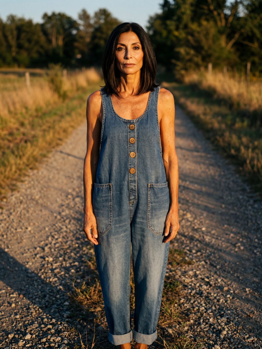 Women's Relaxed Everyday Denim Jumpsuit Rooster Print Full Length