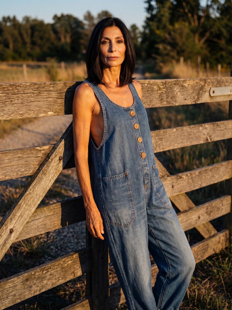 Women's Relaxed Everyday Denim Jumpsuit Rooster Print Full Length