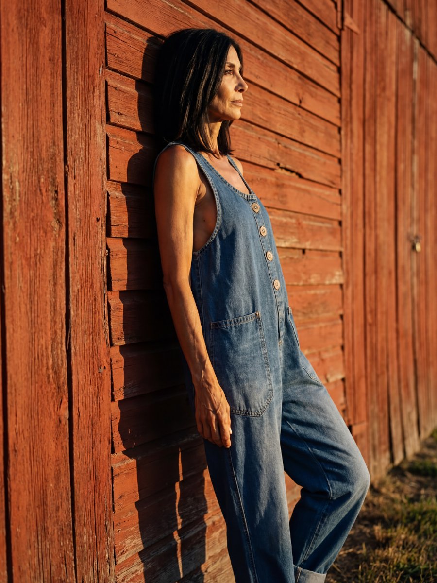 Women's Relaxed Everyday Denim Jumpsuit Rooster Print Full Length
