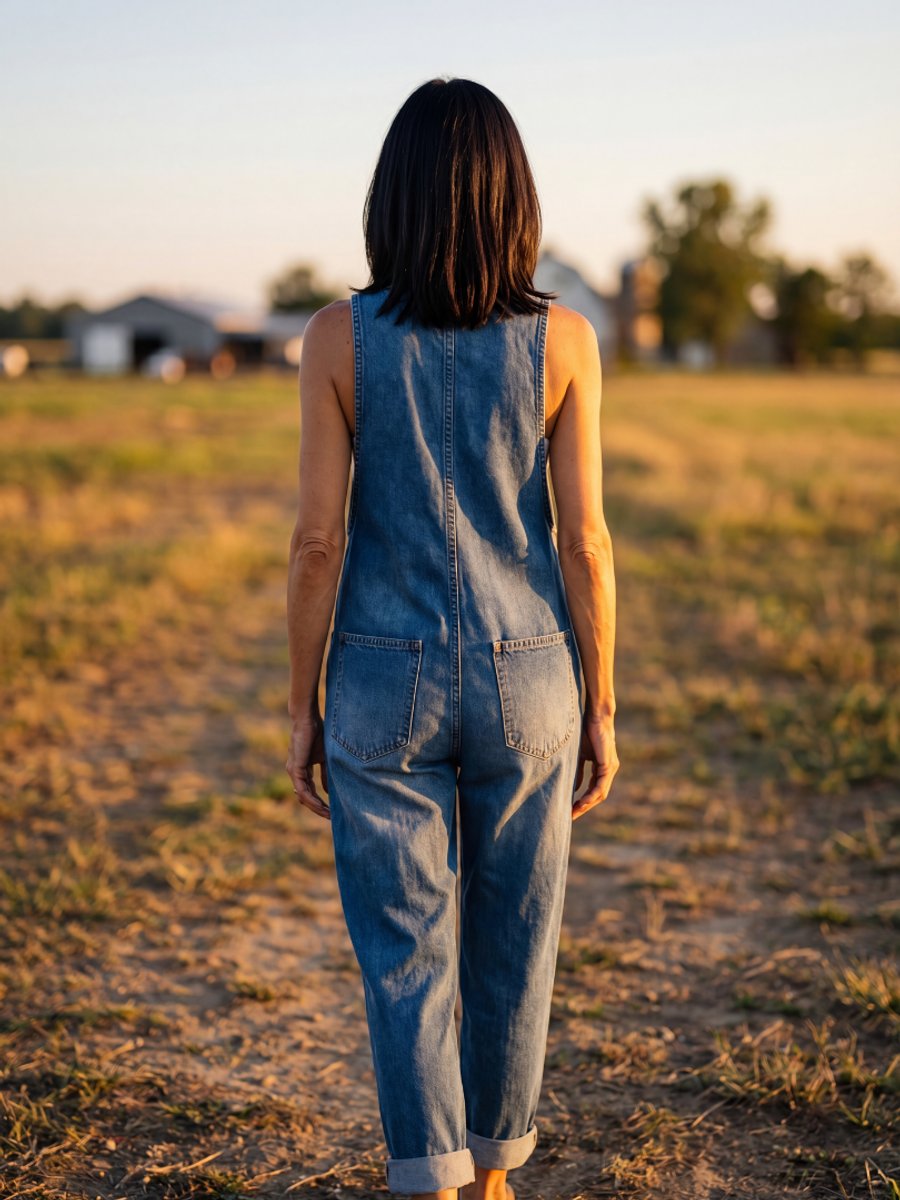 Women's Relaxed Everyday Denim Jumpsuit Rooster Print Full Length