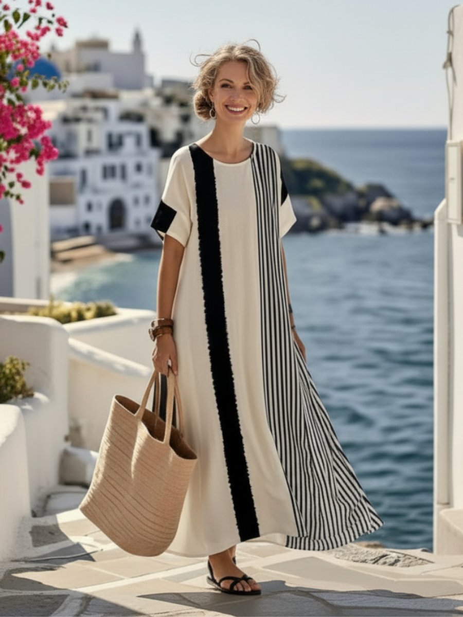 Women's Relaxed Everyday Maxi Dress Striped Short Sleeve