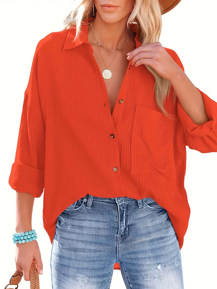 Women's Relaxed-Fit Button-Up Long-Sleeve Blouse