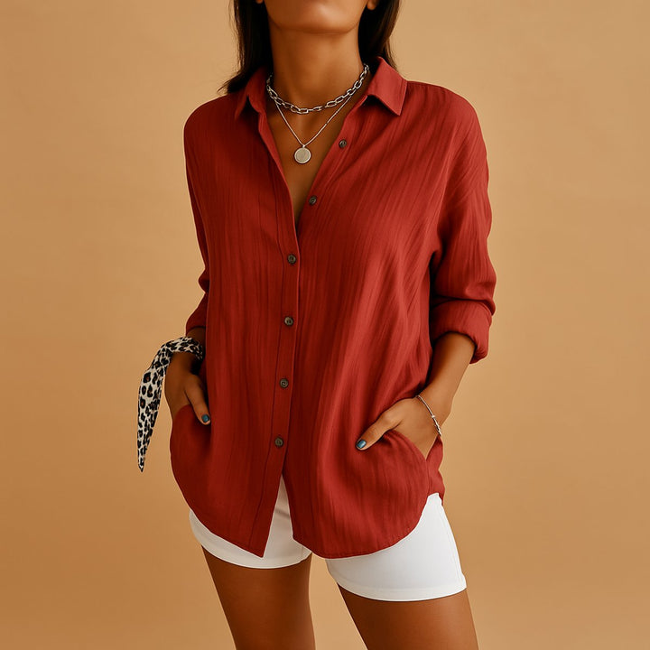 Women's Relaxed-Fit Button-Up Long-Sleeve Blouse