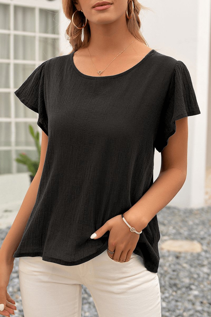 Women's Relaxed Fit Crinkle Textured Flutter Sleeve Blouse