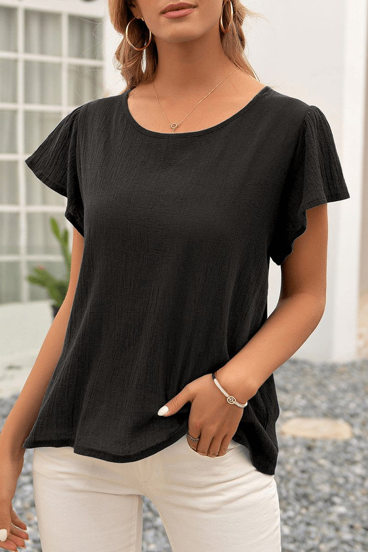 Women's Relaxed Fit Crinkle Textured Flutter Sleeve Blouse