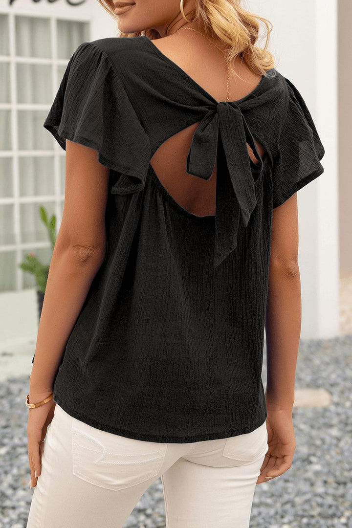 Women's Relaxed Fit Crinkle Textured Flutter Sleeve Blouse