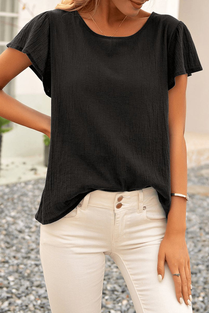 Women's Relaxed Fit Crinkle Textured Flutter Sleeve Blouse