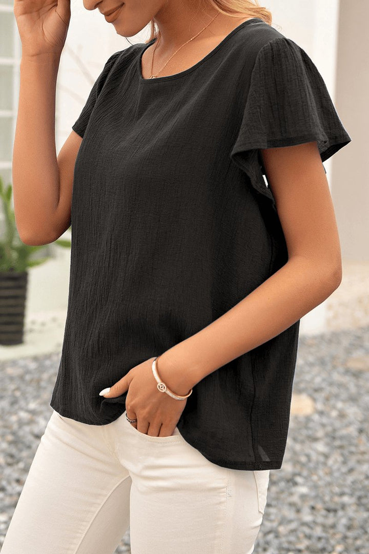 Women's Relaxed Fit Crinkle Textured Flutter Sleeve Blouse