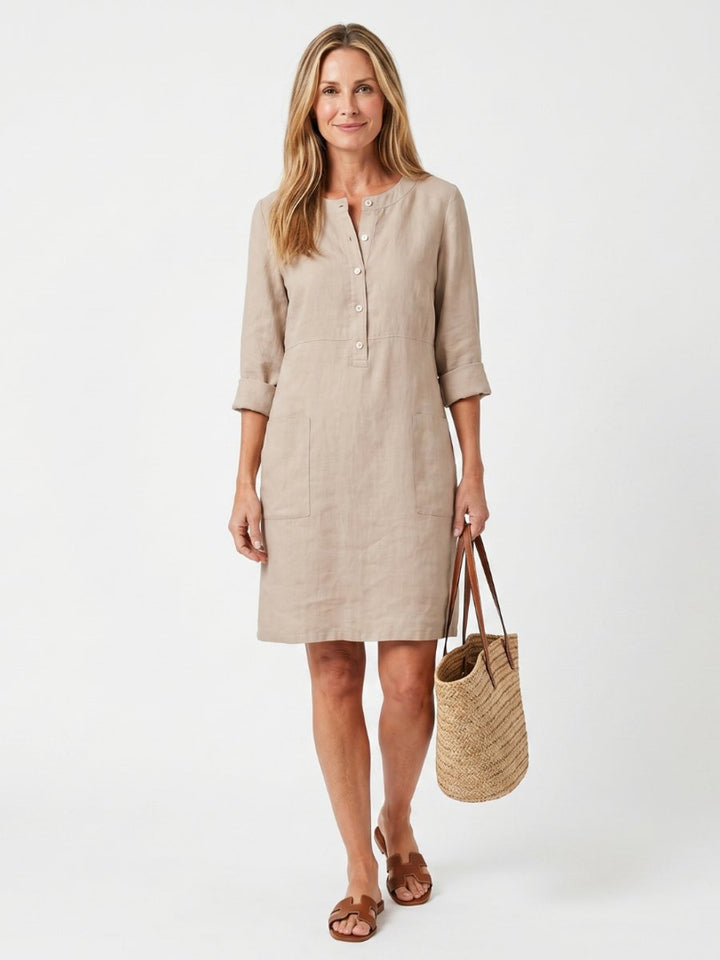 Women's Relaxed-Fit Everyday Day Dress Knee-Length Linen Button-Front