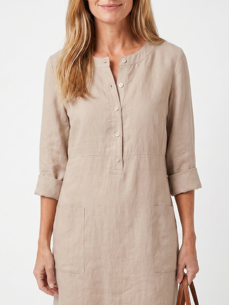 Women's Relaxed-Fit Everyday Day Dress Knee-Length Linen Button-Front