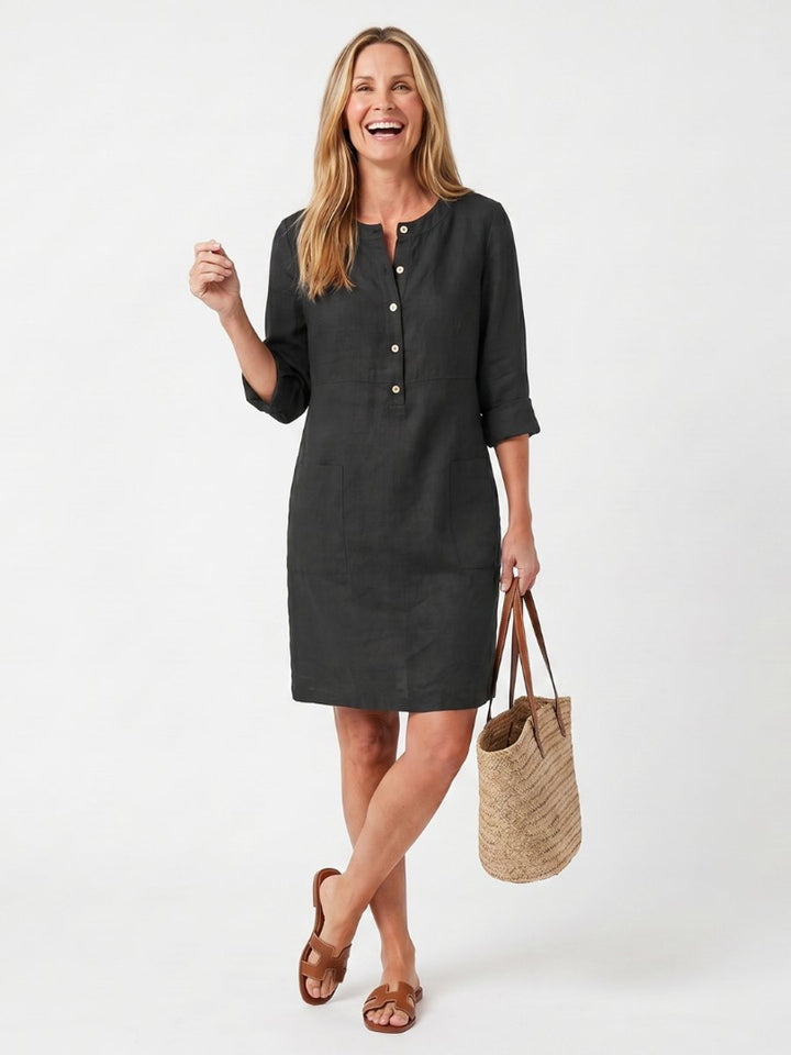 Women's Relaxed-Fit Everyday Day Dress Knee-Length Linen Button-Front