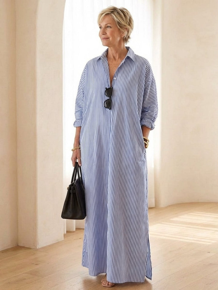 Women's Relaxed Fit Everyday Day Dress Striped Cotton Maxi Shirtdress