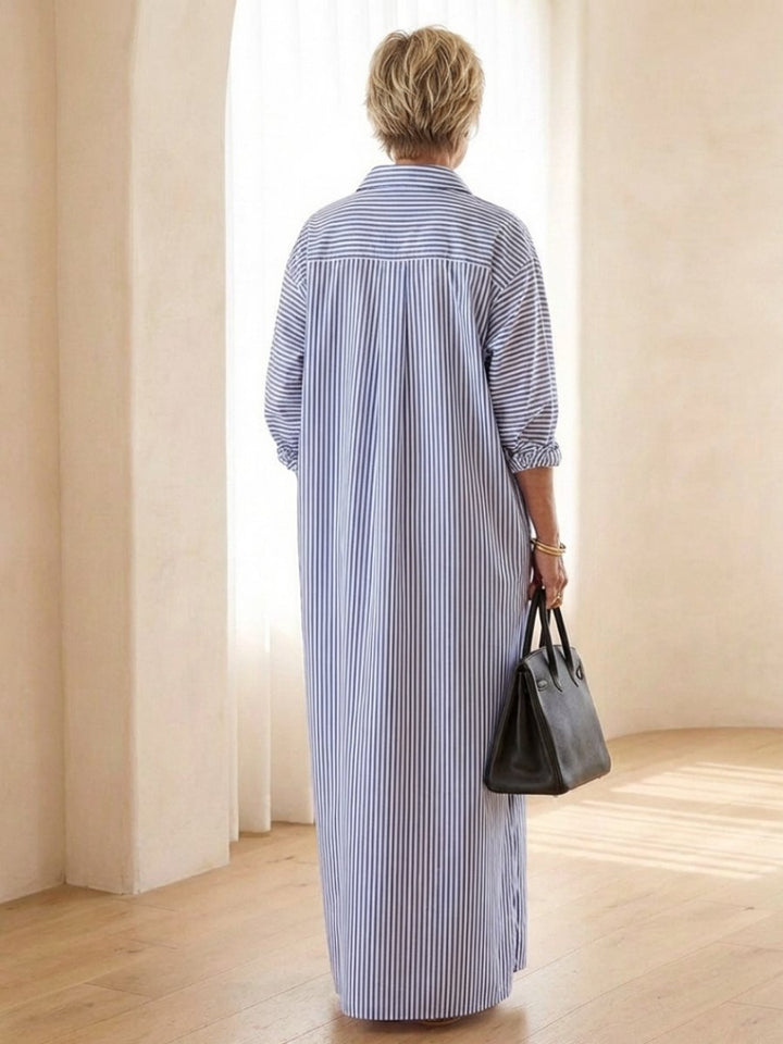 Women's Relaxed Fit Everyday Day Dress Striped Cotton Maxi Shirtdress