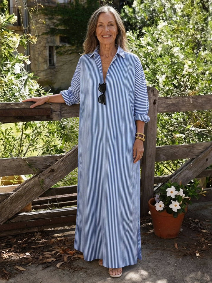 Women's Relaxed Fit Everyday Day Dress Striped Cotton Maxi Shirtdress