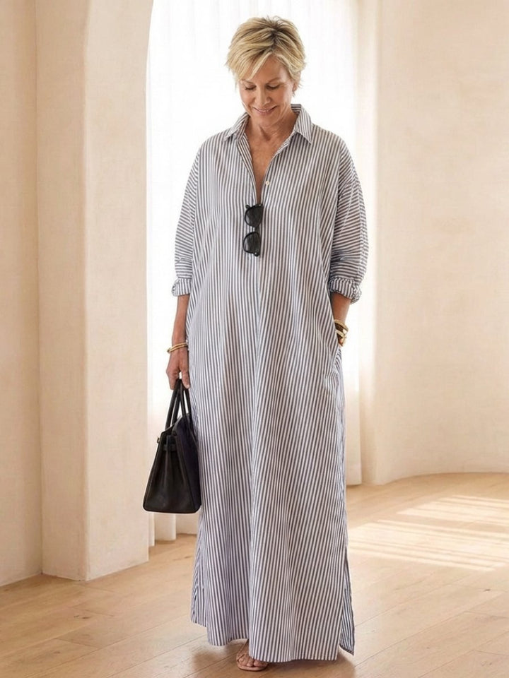 Women's Relaxed Fit Everyday Day Dress Striped Cotton Maxi Shirtdress