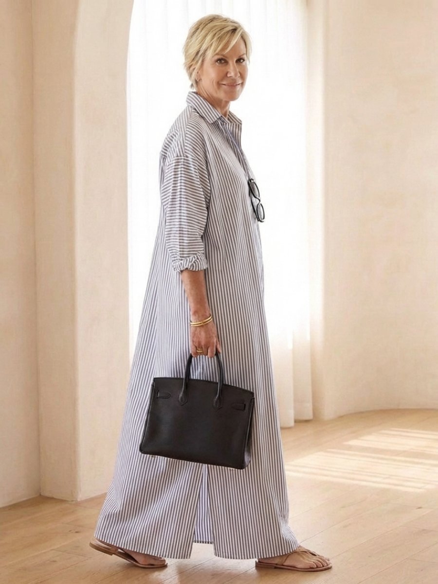 Women's Relaxed Fit Everyday Day Dress Striped Cotton Maxi Shirtdress