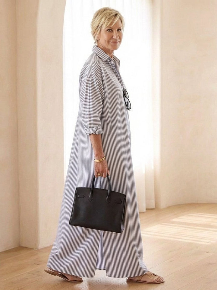 Women's Relaxed Fit Everyday Day Dress Striped Cotton Maxi Shirtdress