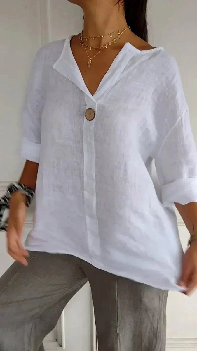 Women's Relaxed-Fit Linen V-Neck Single-Button Blouse