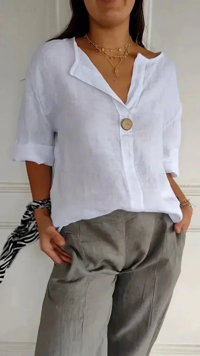 Women's Relaxed-Fit Linen V-Neck Single-Button Blouse