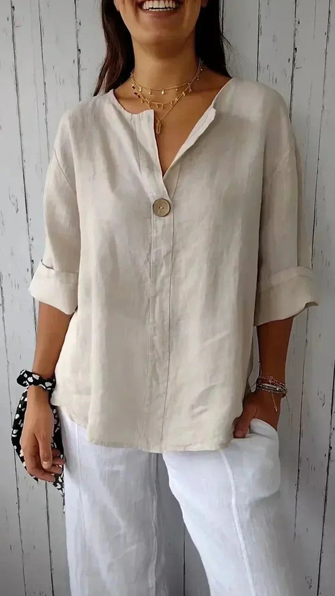 Women's Relaxed-Fit Linen V-Neck Single-Button Blouse