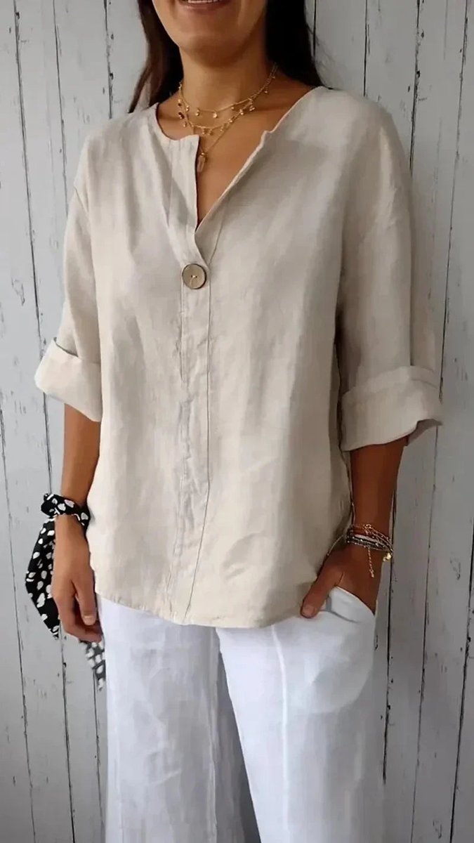 Women's Relaxed-Fit Linen V-Neck Single-Button Blouse