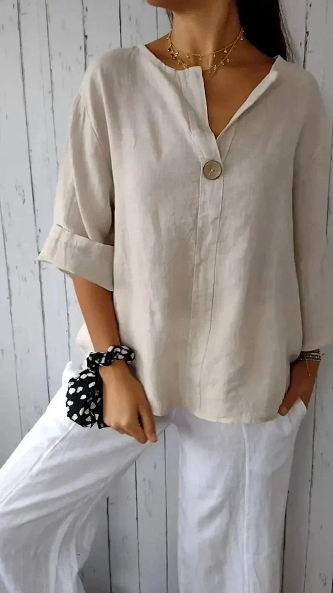 Women's Relaxed-Fit Linen V-Neck Single-Button Blouse