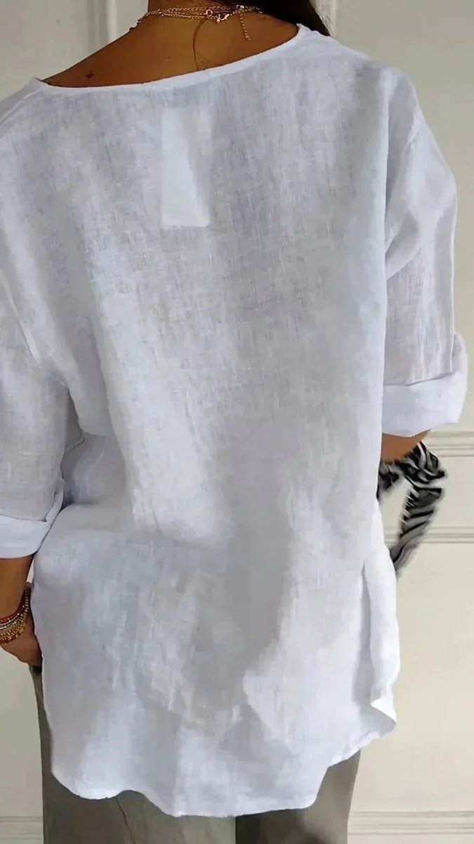 Women's Relaxed-Fit Linen V-Neck Single-Button Blouse