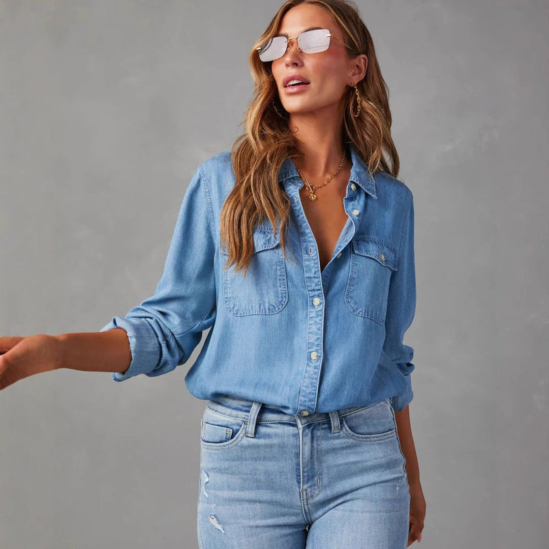 Women's Relaxed-Fit Long-Sleeve Denim Blouse Chest Pockets