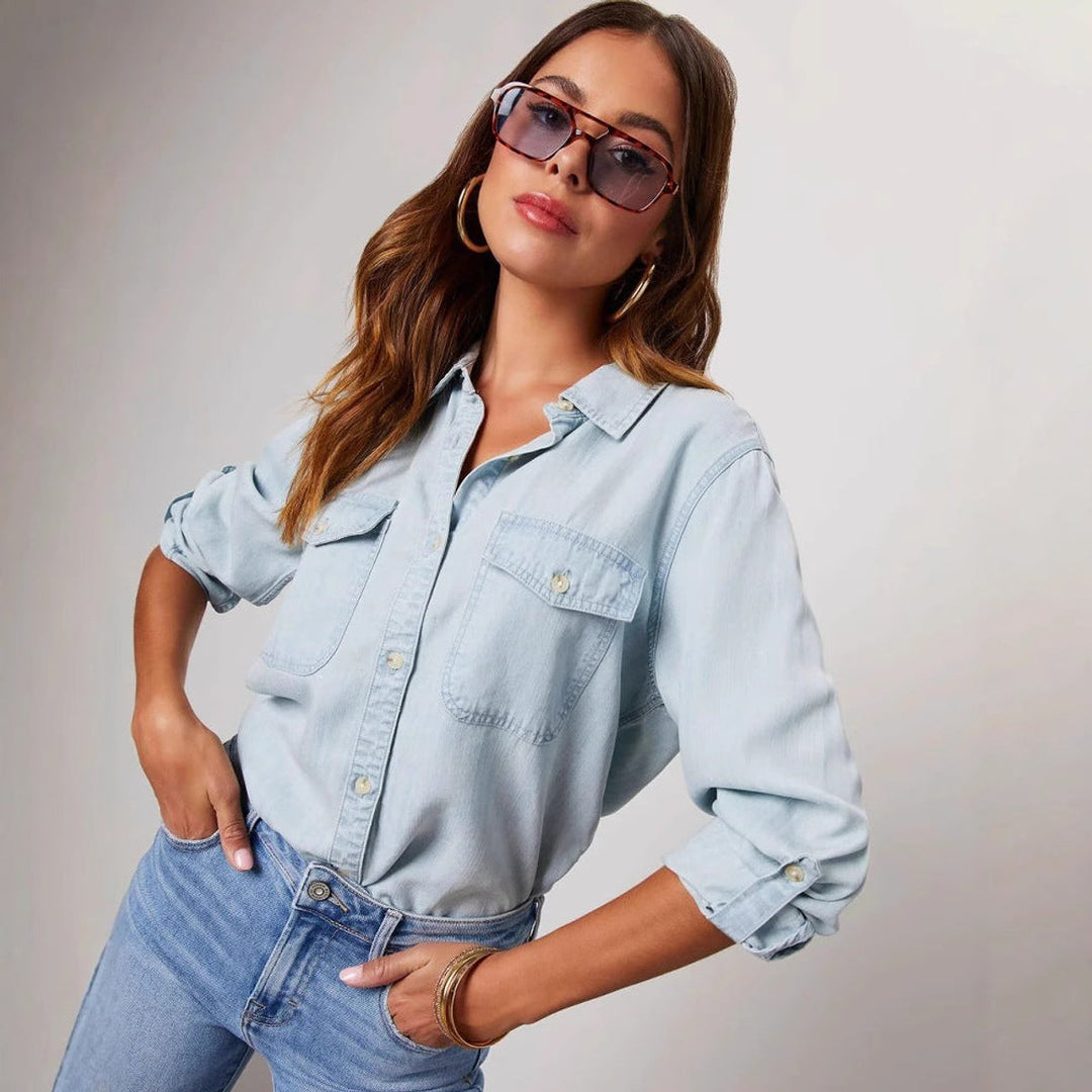 Women's Relaxed-Fit Long-Sleeve Denim Blouse Chest Pockets