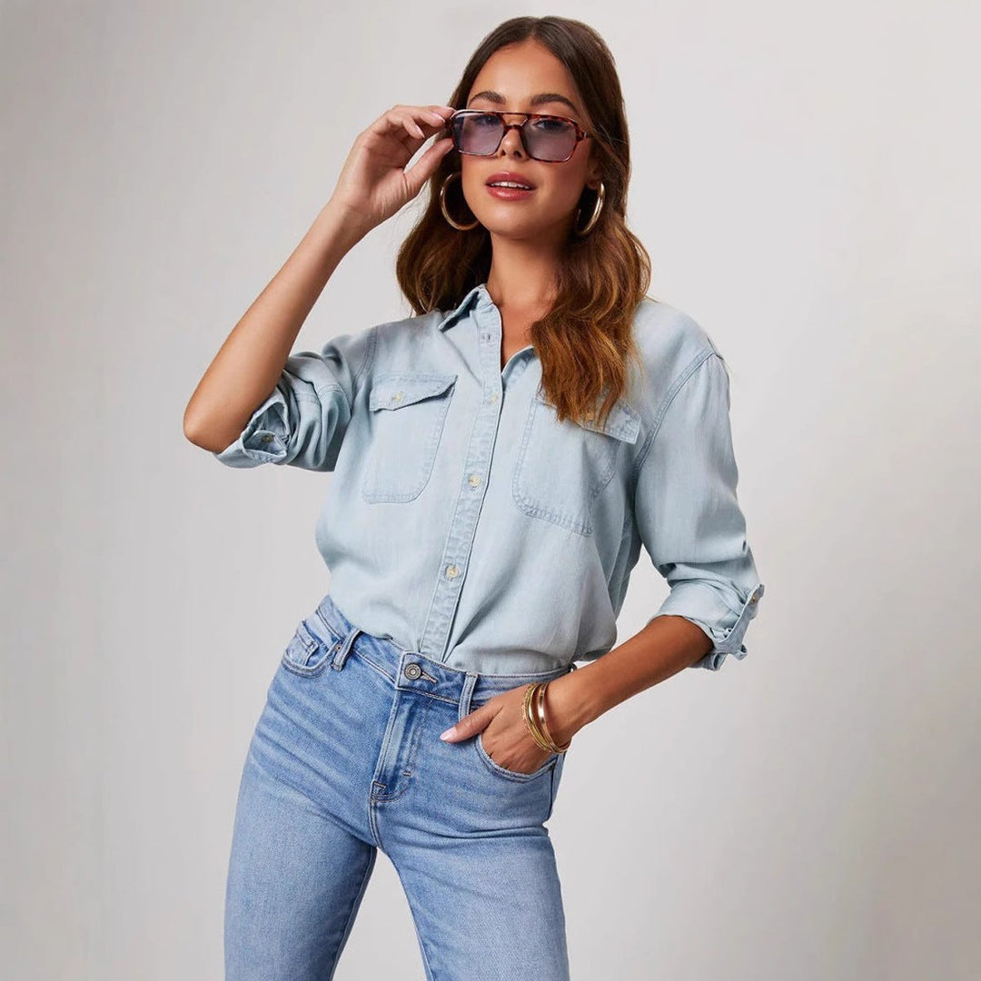 Women's Relaxed-Fit Long-Sleeve Denim Blouse Chest Pockets