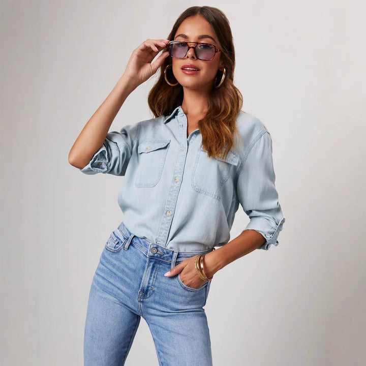 Women's Relaxed-Fit Long-Sleeve Denim Blouse Chest Pockets