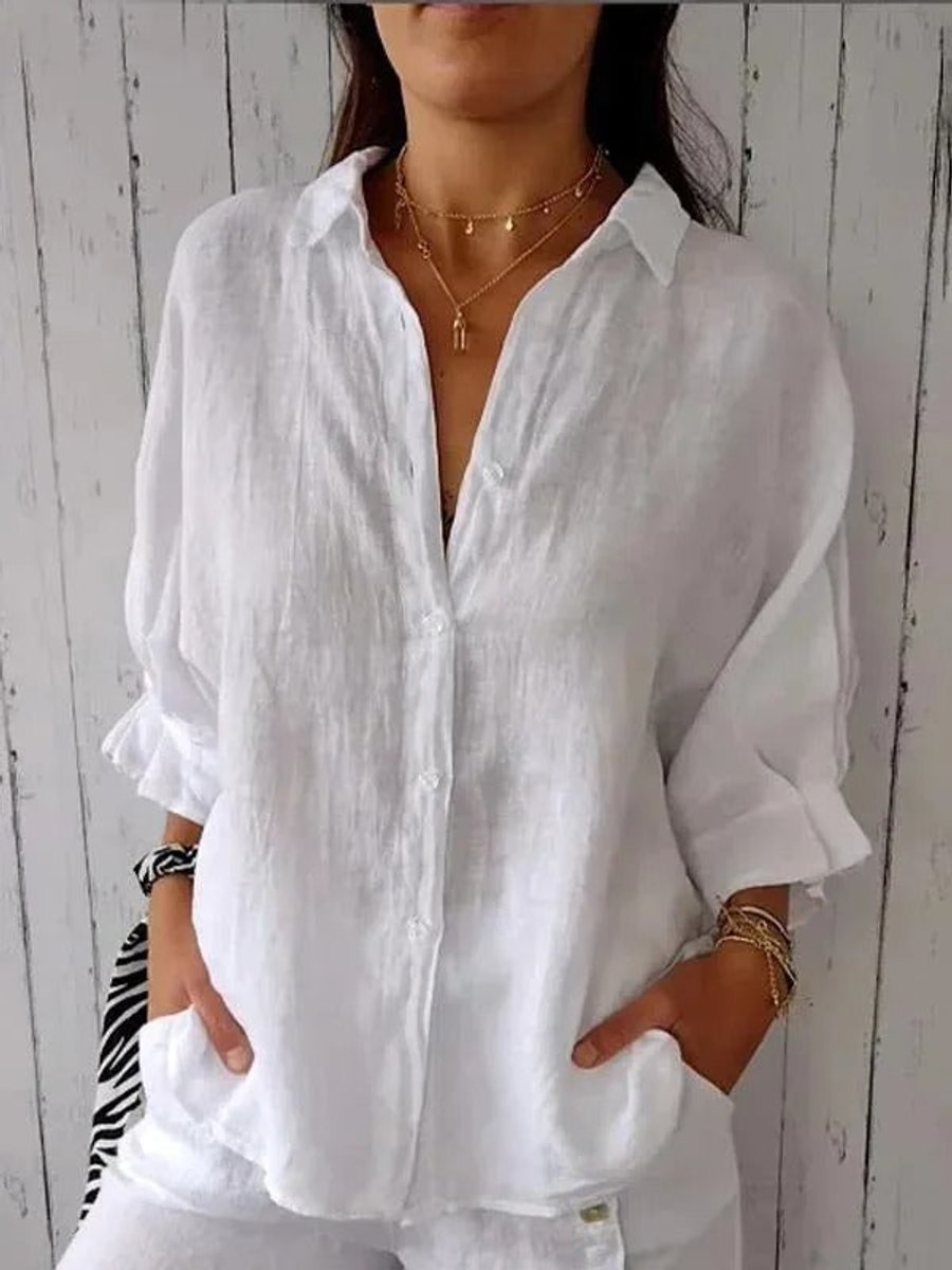 Women's Relaxed-Fit Long-Sleeve Linen Blouse Button-Up Shirt