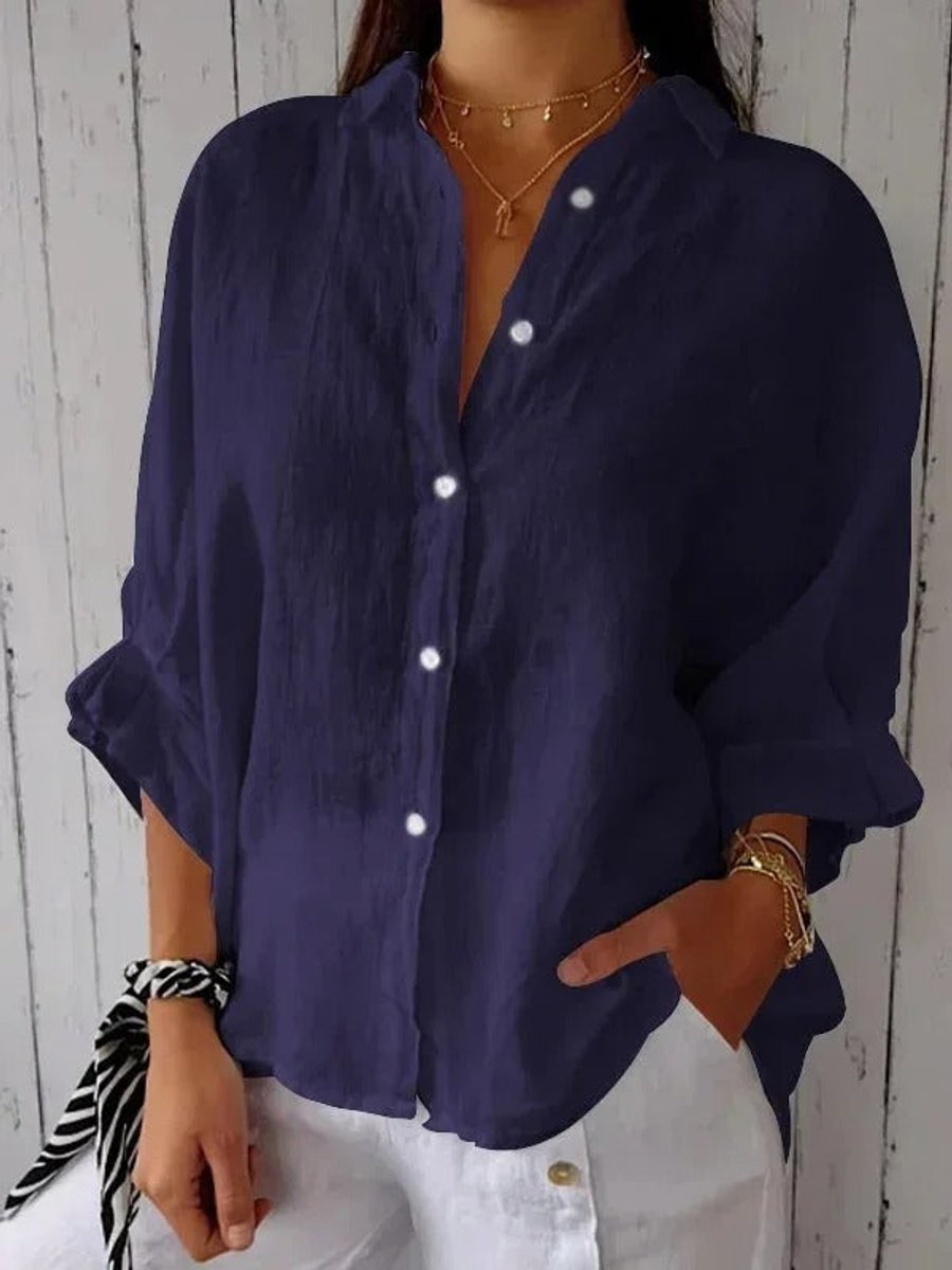 Women's Relaxed-Fit Long-Sleeve Linen Blouse Button-Up Shirt